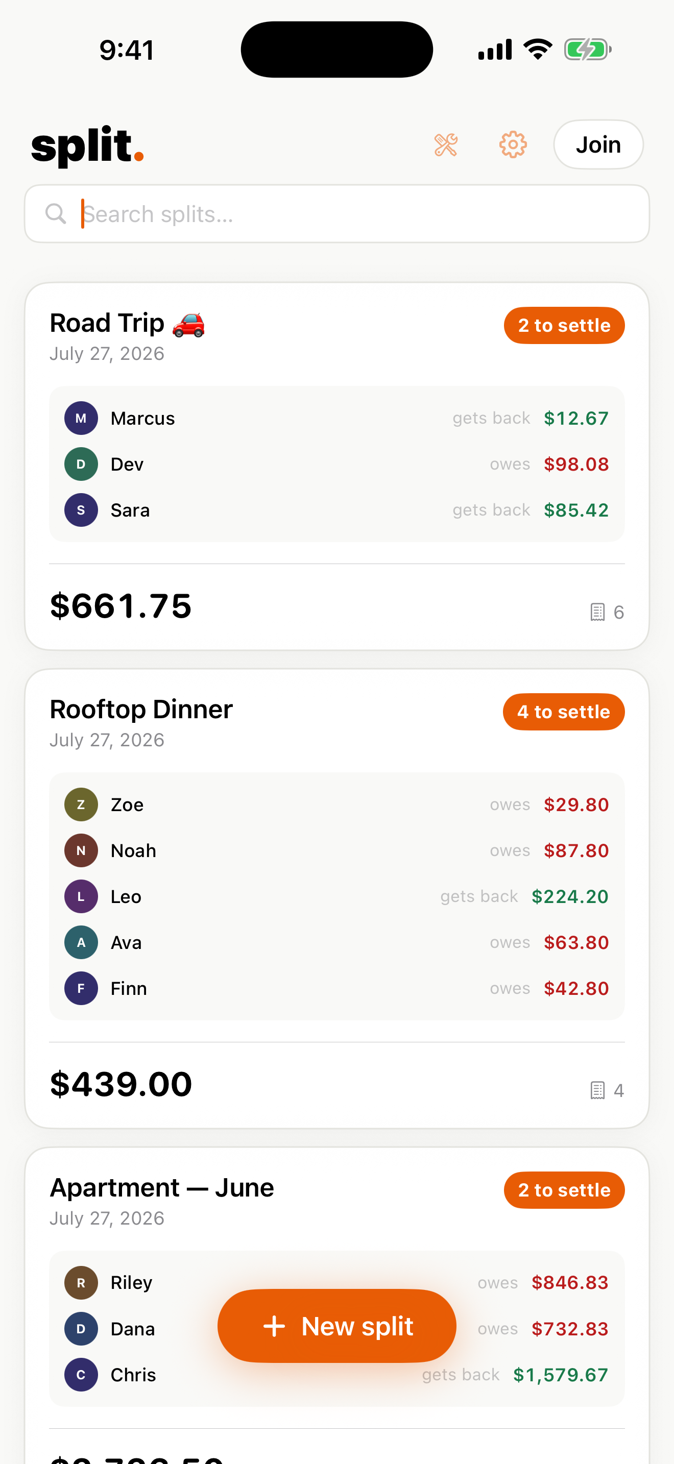 split app showing a shared expense breakdown